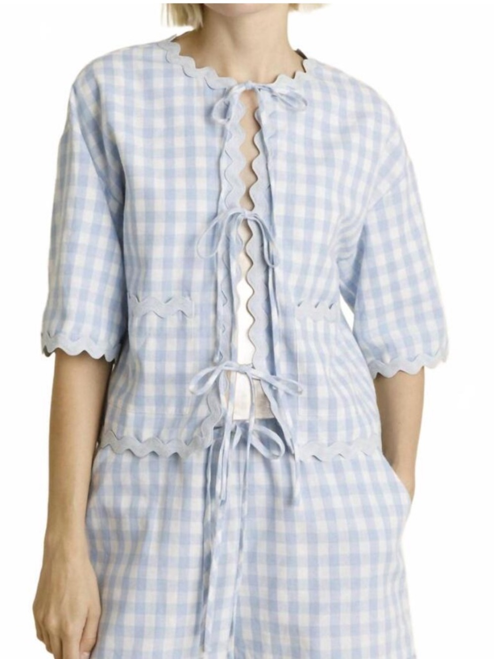 AUREUM Light Blue Gingham Tie-Front Cropped Top - Picture 5 of 6